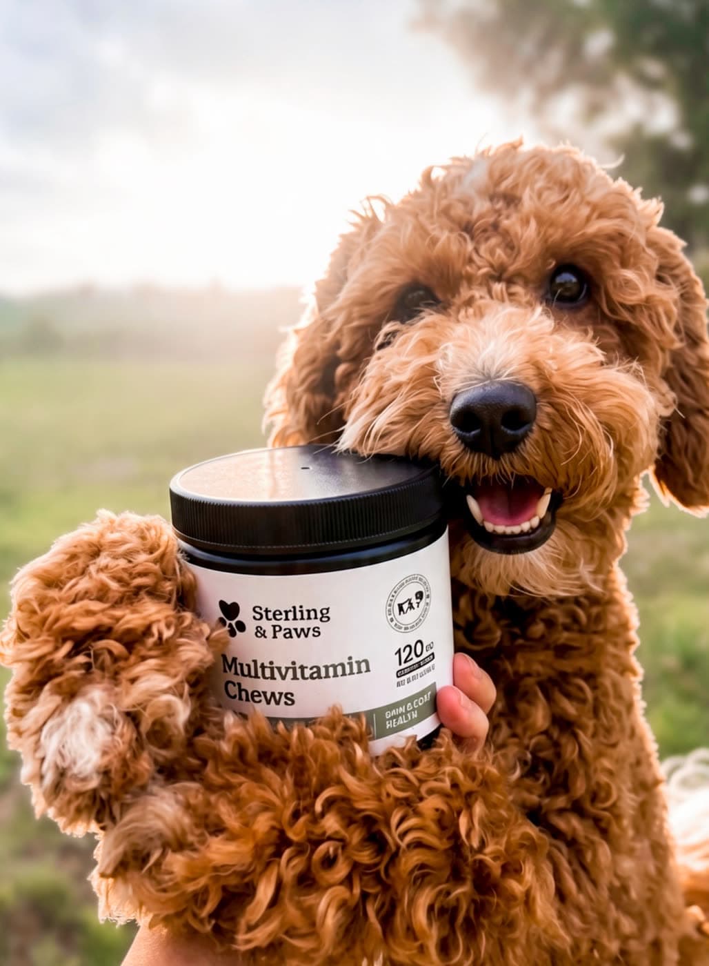 A red doodle hugging the Sterling & Paws jar outdoors